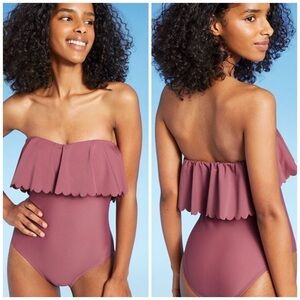 Kona Sol Scalloped Flounce Medium Coverage One Piece Swimsuit Mulberry Modest L